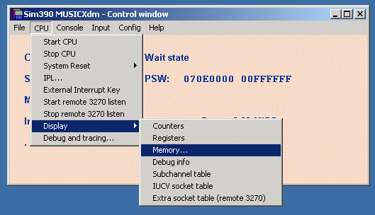 Sim390 CPU menu